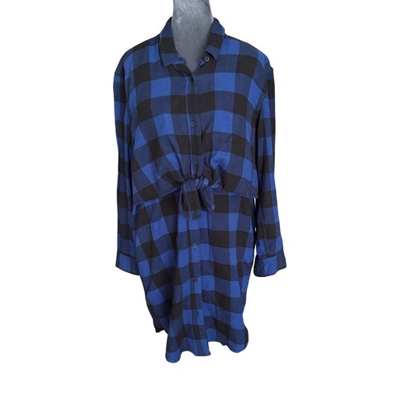 Cheap Monday Womens Blue & Black Plaid Button-Up Shirt Dress S With Waist Tie - Picture 2 of 6